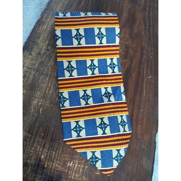 100% Silk Necktie Made USA Blue Cream Orange Red Geometric Stripe XMI Me… - Picture 5 of 11